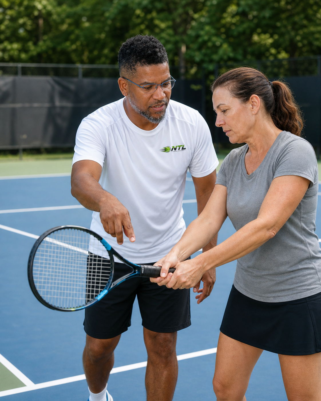 Tennis coach working one-on-one with a player on court in Northville